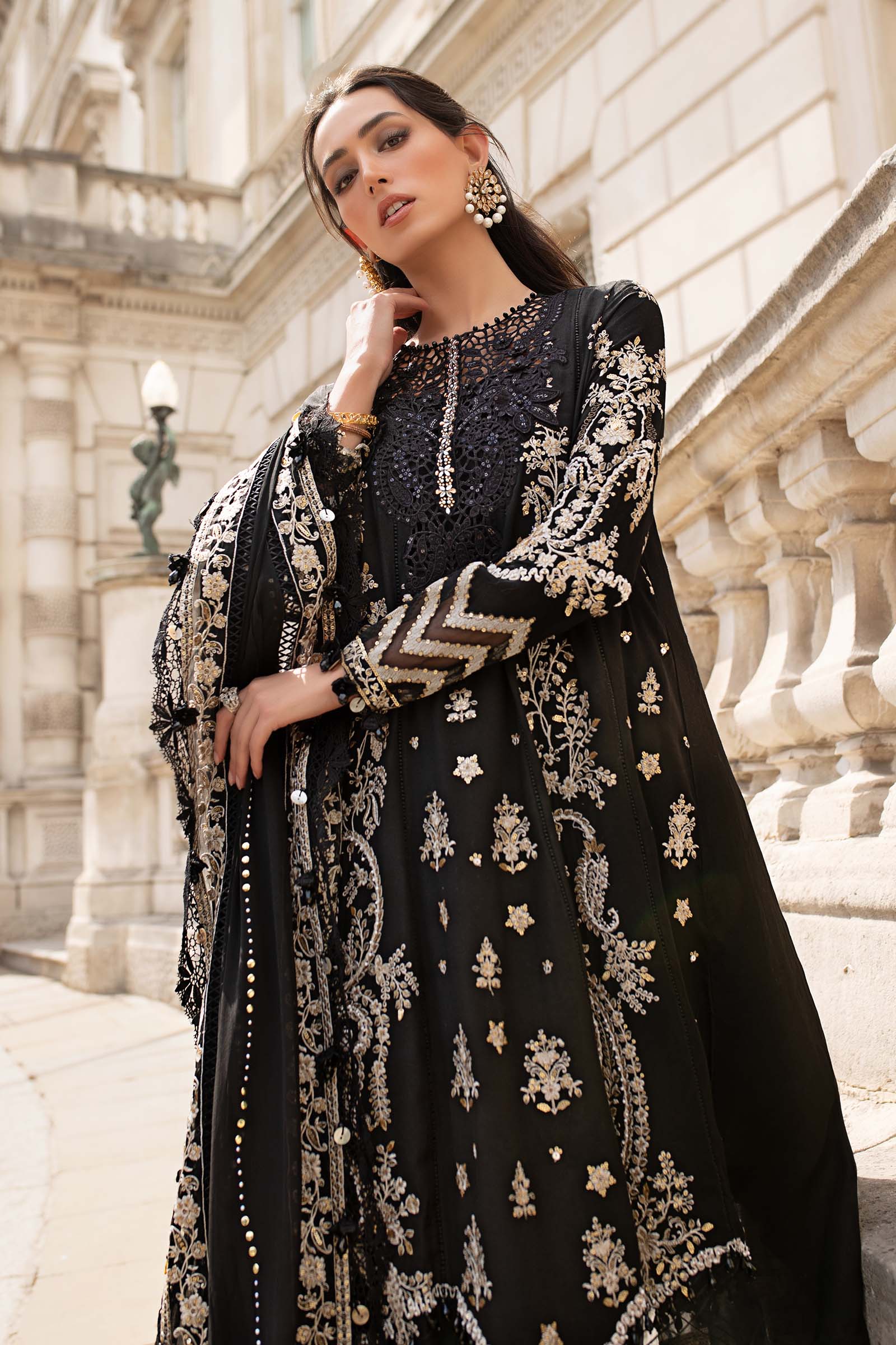 Buy Maria B designer suits for weddings in India
• 	Original Pakistani festive wear by Maria B Soirée
• 	Maria B Soirée chiffon suits with embroidery India deliver