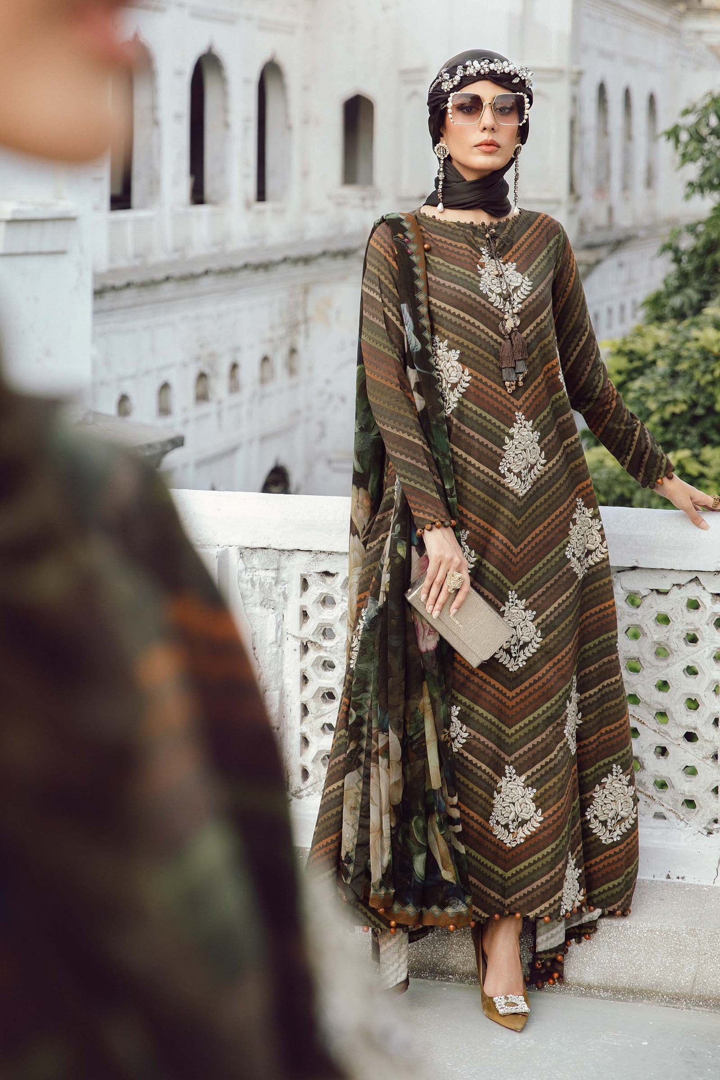 Maria B MPrint Fall/Winter fashion shoot showcasing embroidered khaddar suit with matching dupatta
