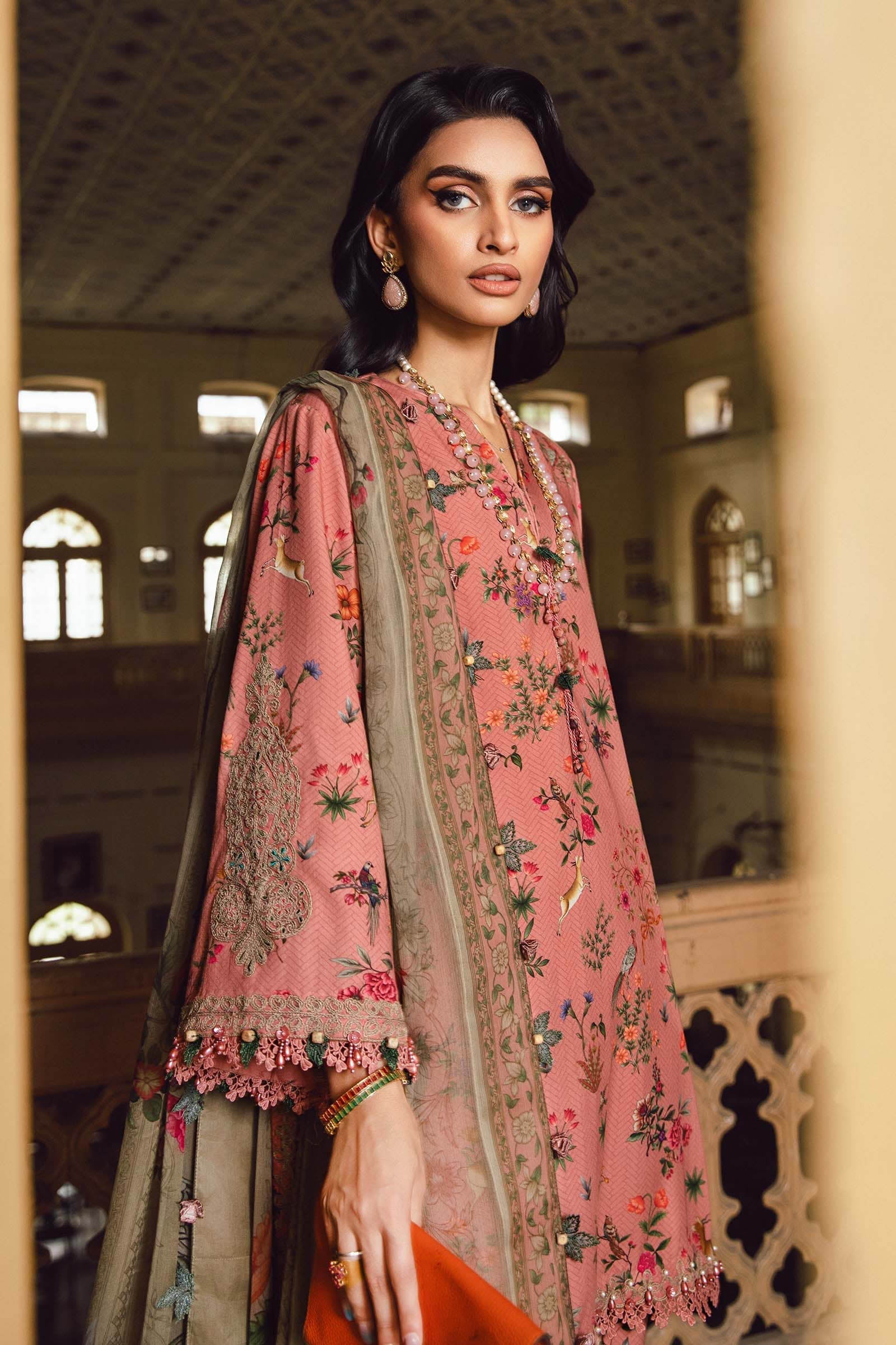 Maria B MPrint Fall/Winter fashion shoot showcasing embroidered khaddar suit with matching dupatta