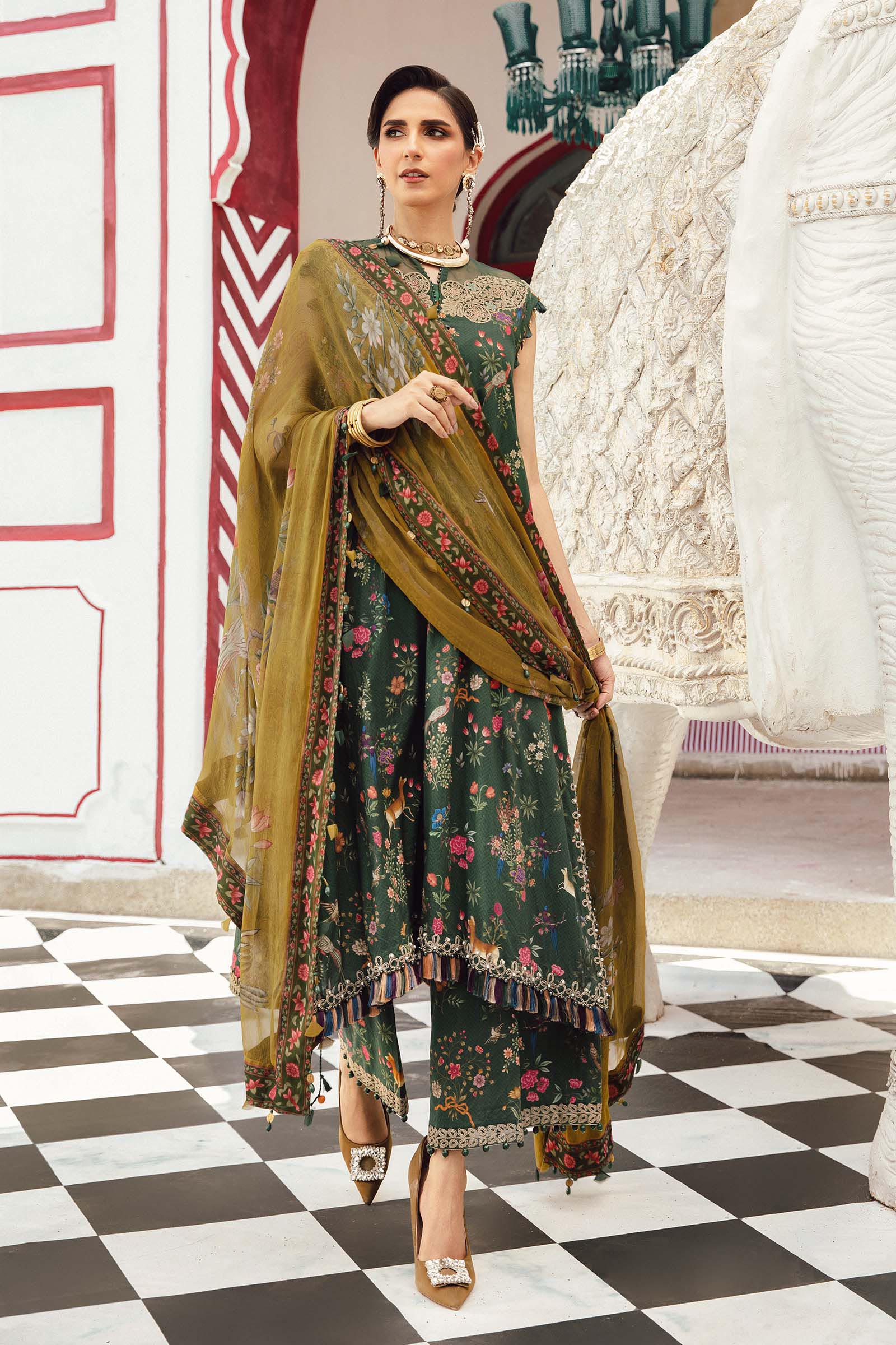 Maria B MPrint Fall/Winter fashion shoot showcasing embroidered khaddar suit with matching dupatta