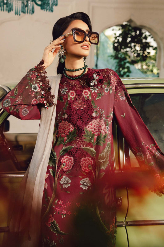 1. 	Maria B MPrint Fall/Winter khaddar suit with floral print and embroidered neckline
