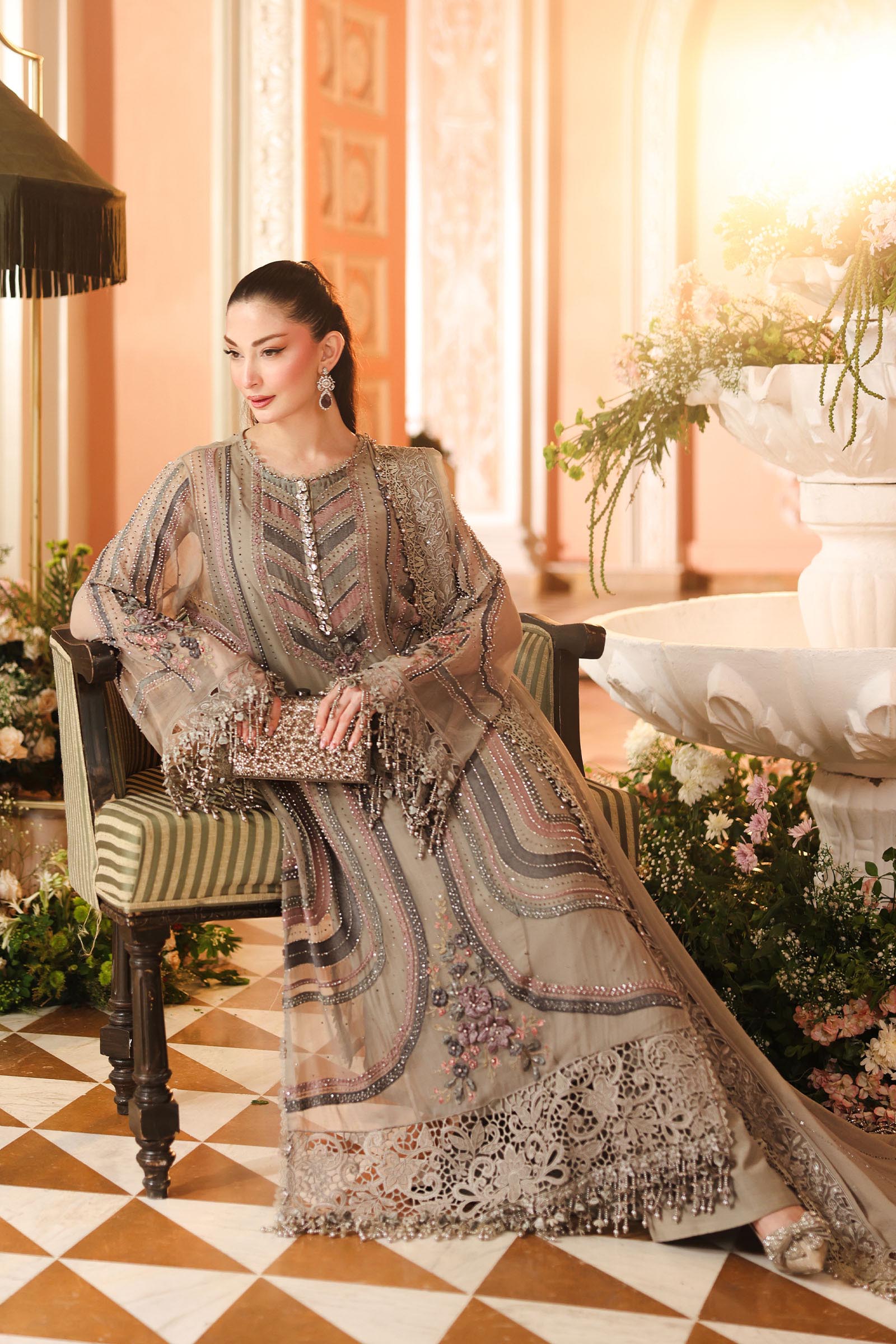 Maria.B 3 Piece Embroidered Chiffon Suit in Mouse Grey - embroidery detail