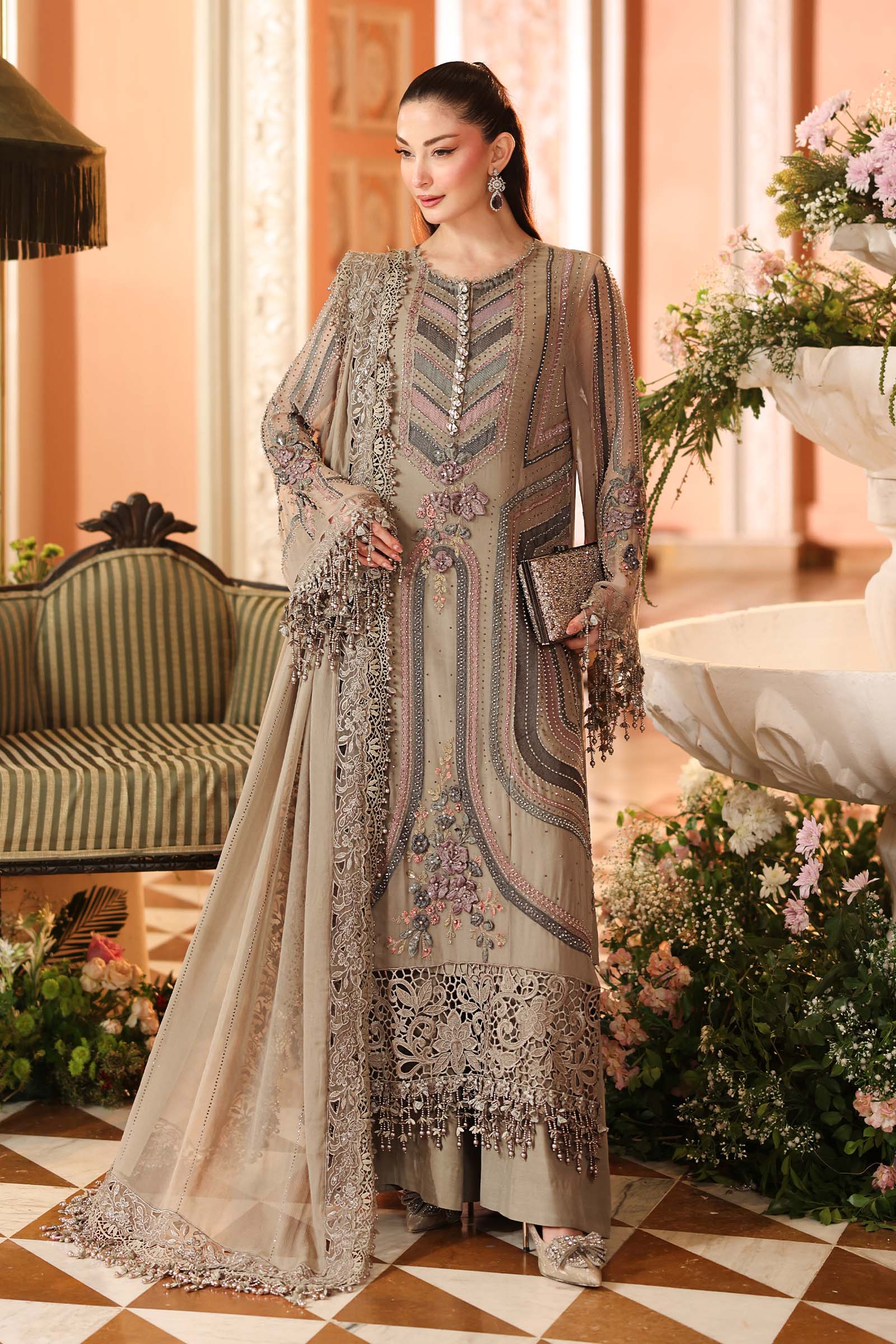 Maria.B 3 Piece Embroidered Chiffon Suit in Mouse Grey - unstitched front view