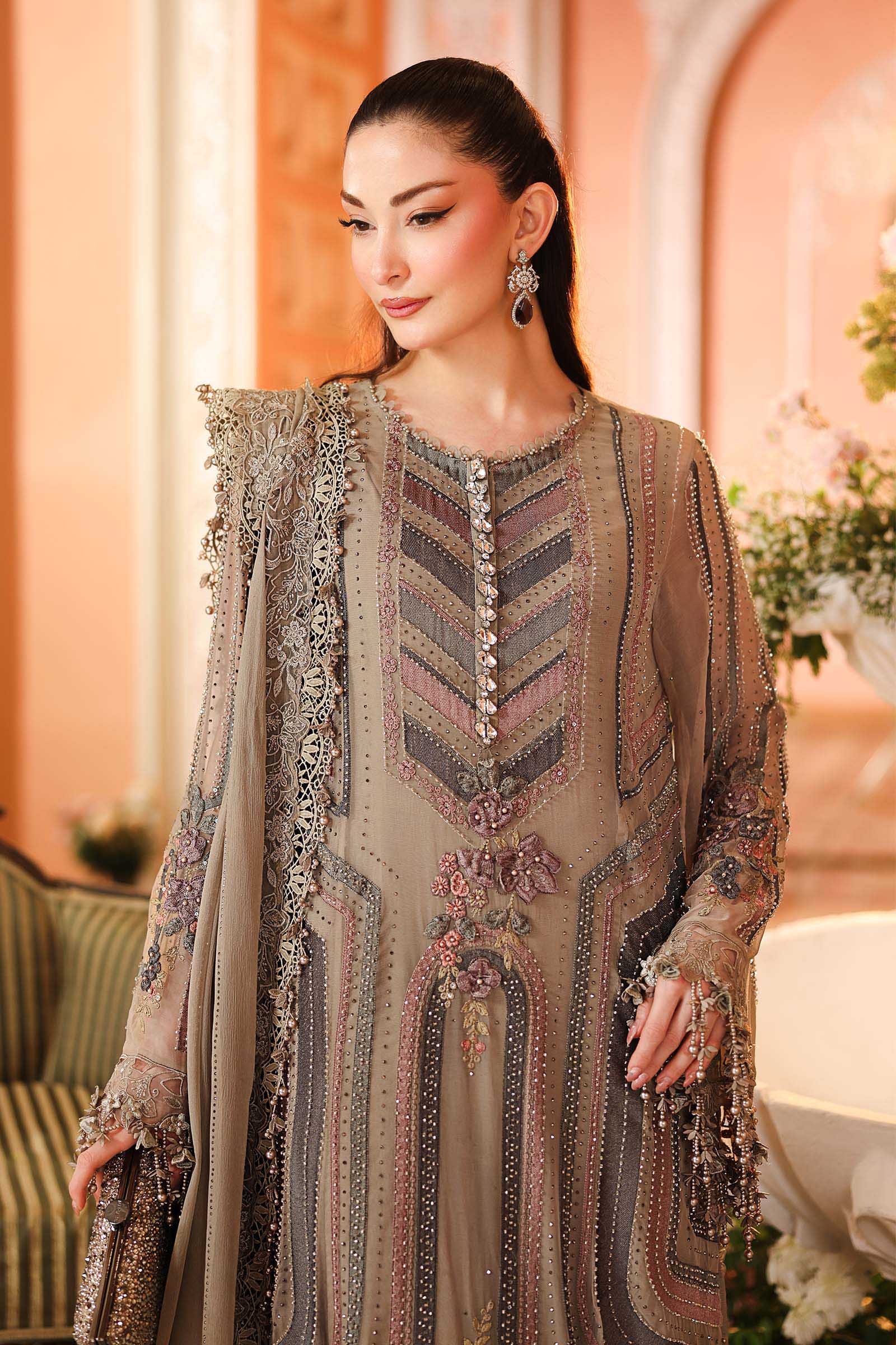Maria.B 3 Piece Embroidered Chiffon Suit in Mouse Grey - raw silk trouser