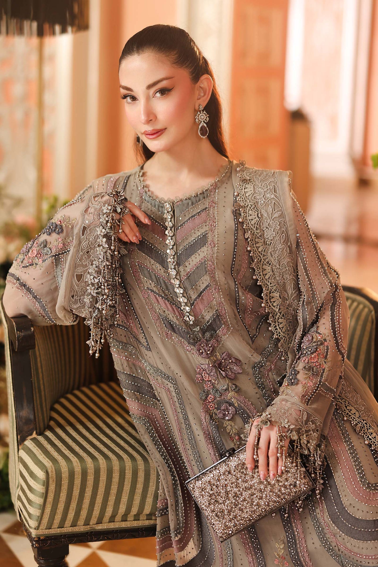 Maria.B 3 Piece Embroidered Chiffon Suit in Mouse Grey - full styled look