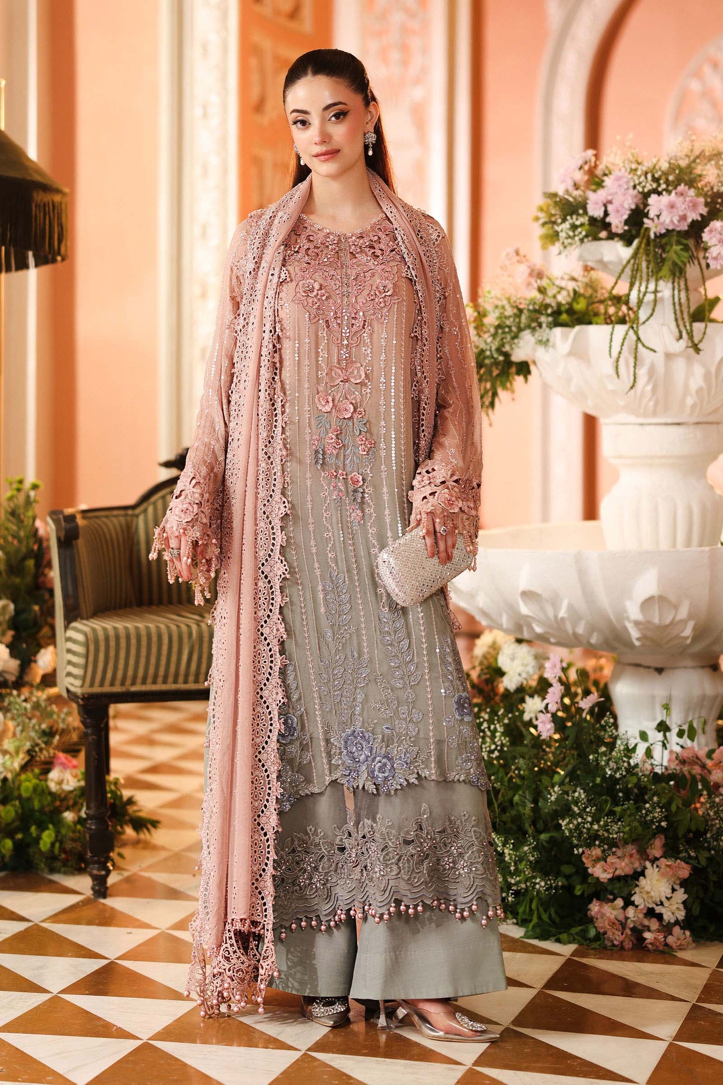 Maria.B 3 Piece Embroidered Chiffon Suit in Pink and Grey - embroidery detail