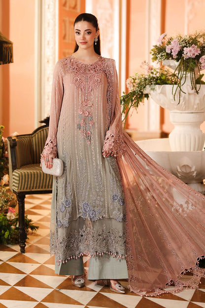 Maria.B 3 Piece Embroidered Chiffon Suit in Pink and Grey - unstitched front view