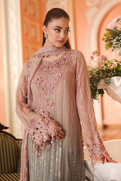 Maria.B 3 Piece Embroidered Chiffon Suit in Pink and Grey - dupatta detail