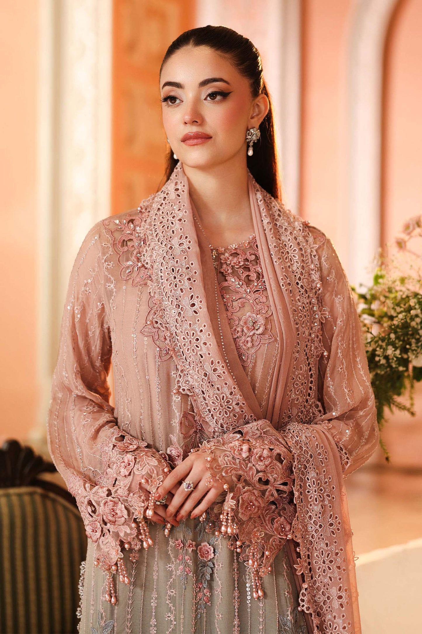 Maria.B 3 Piece Embroidered Chiffon Suit in Pink and Grey - full styled look