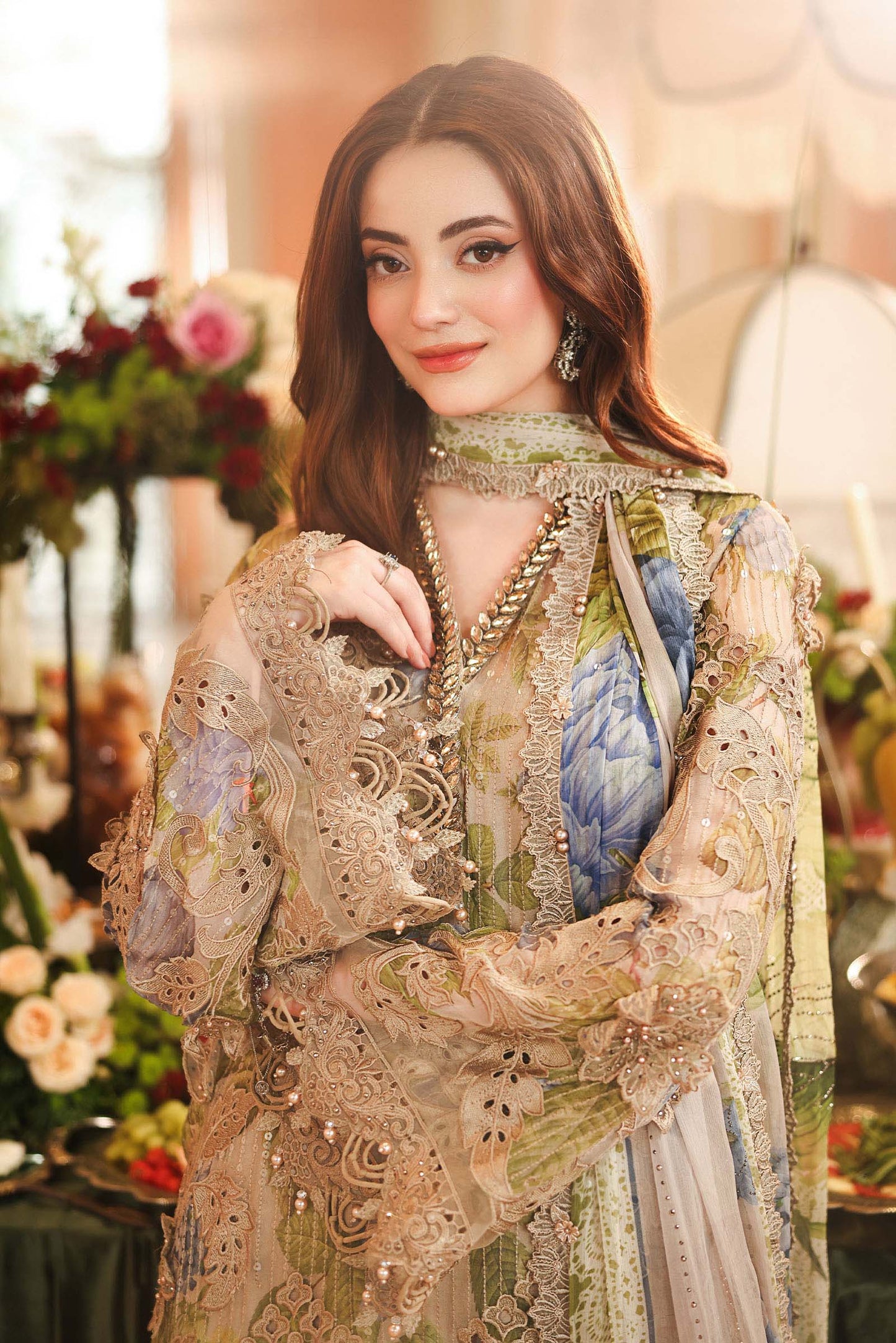 Maria.B 3 Piece Embroidered Chiffon Suit in Coffee - embroidery detail