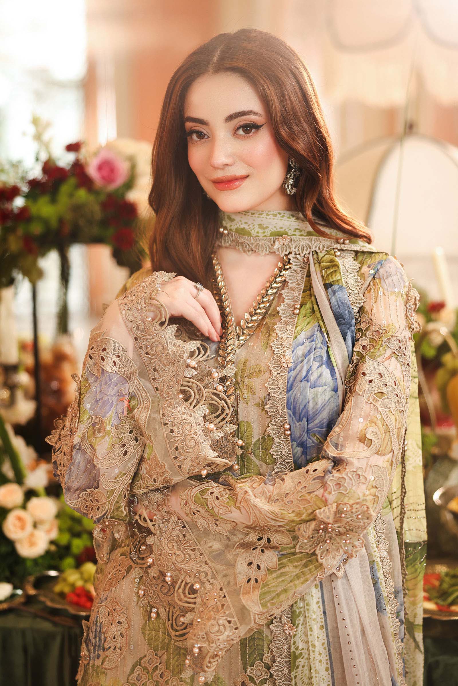 Maria.B 3 Piece Embroidered Chiffon Suit in Coffee - embroidery detail