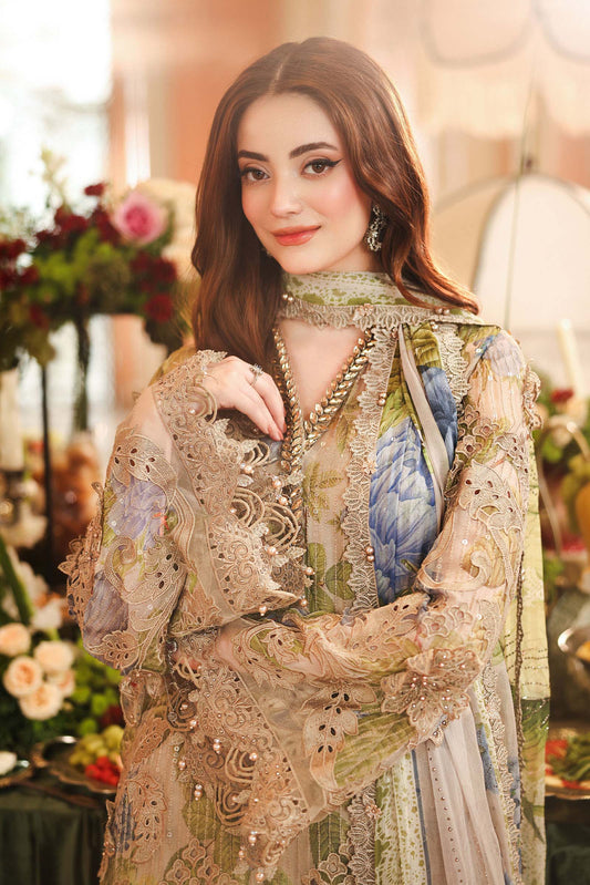 Maria.B 3 Piece Embroidered Chiffon Suit in Coffee - embroidery detail
