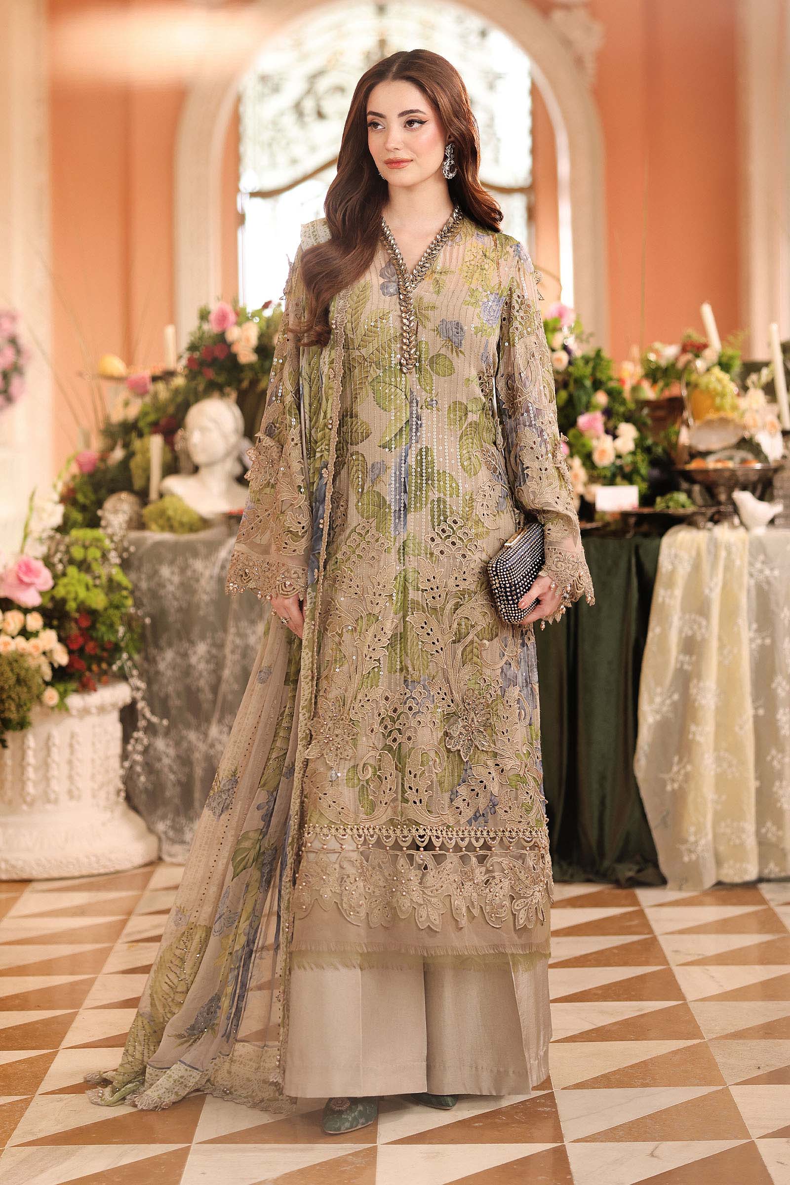 Maria.B 3 Piece Embroidered Chiffon Suit in Coffee - unstitched front view