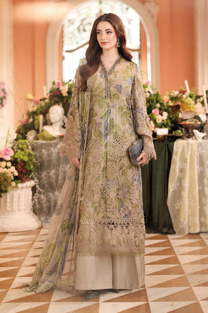 Maria.B 3 Piece Embroidered Chiffon Suit in Coffee - unstitched front view