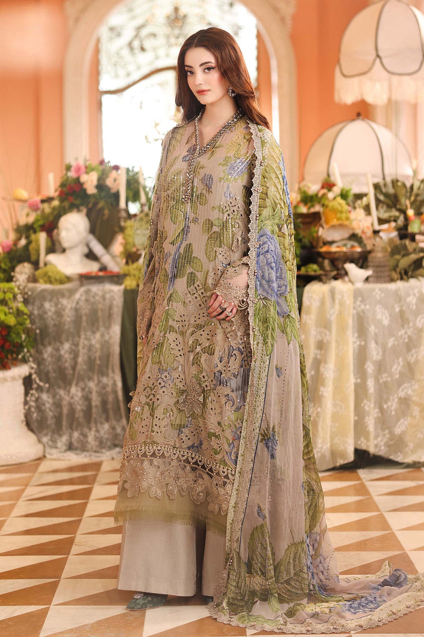 Maria.B 3 Piece Embroidered Chiffon Suit in Coffee - dupatta detail