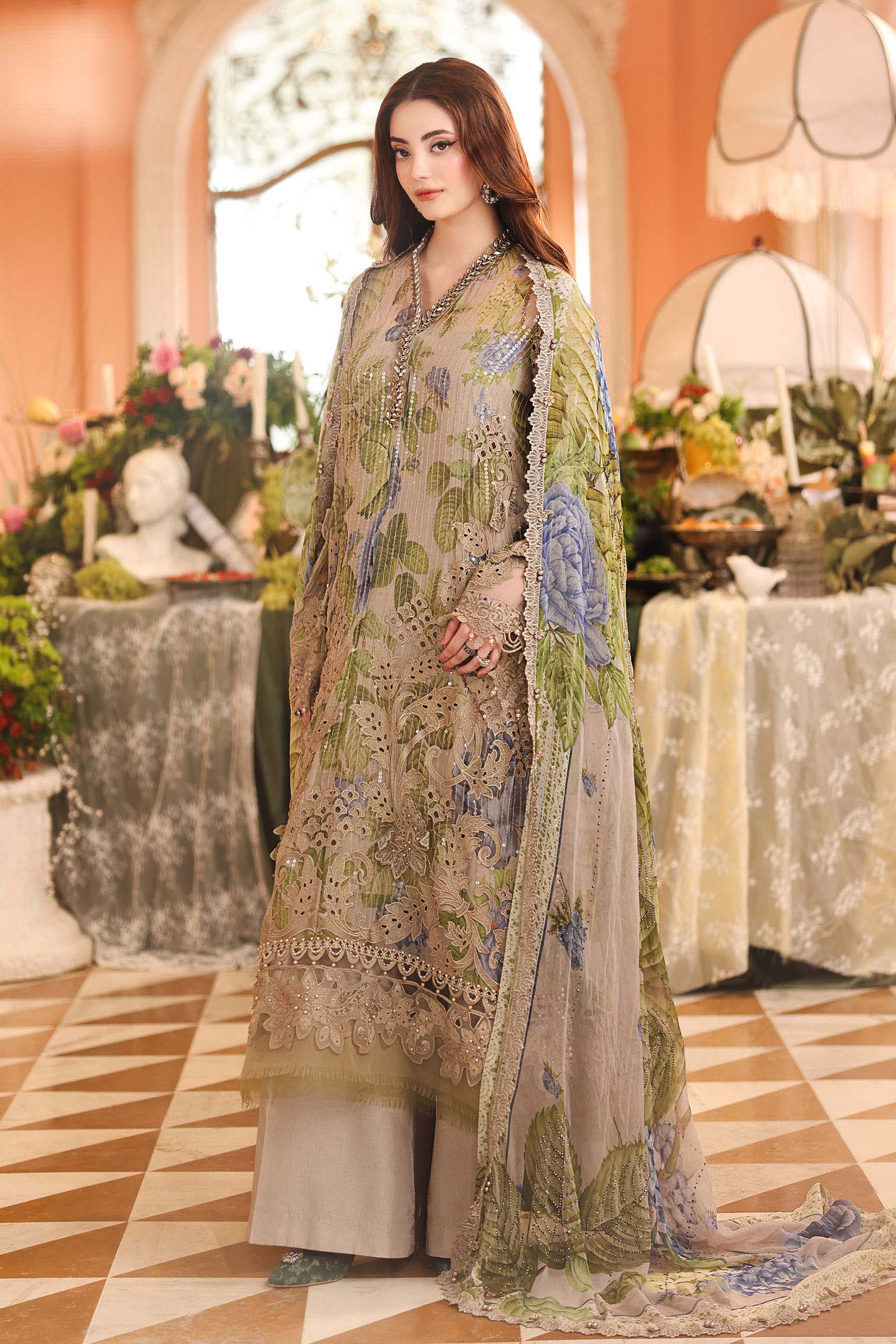 Maria.B 3 Piece Embroidered Chiffon Suit in Coffee - dupatta detail
