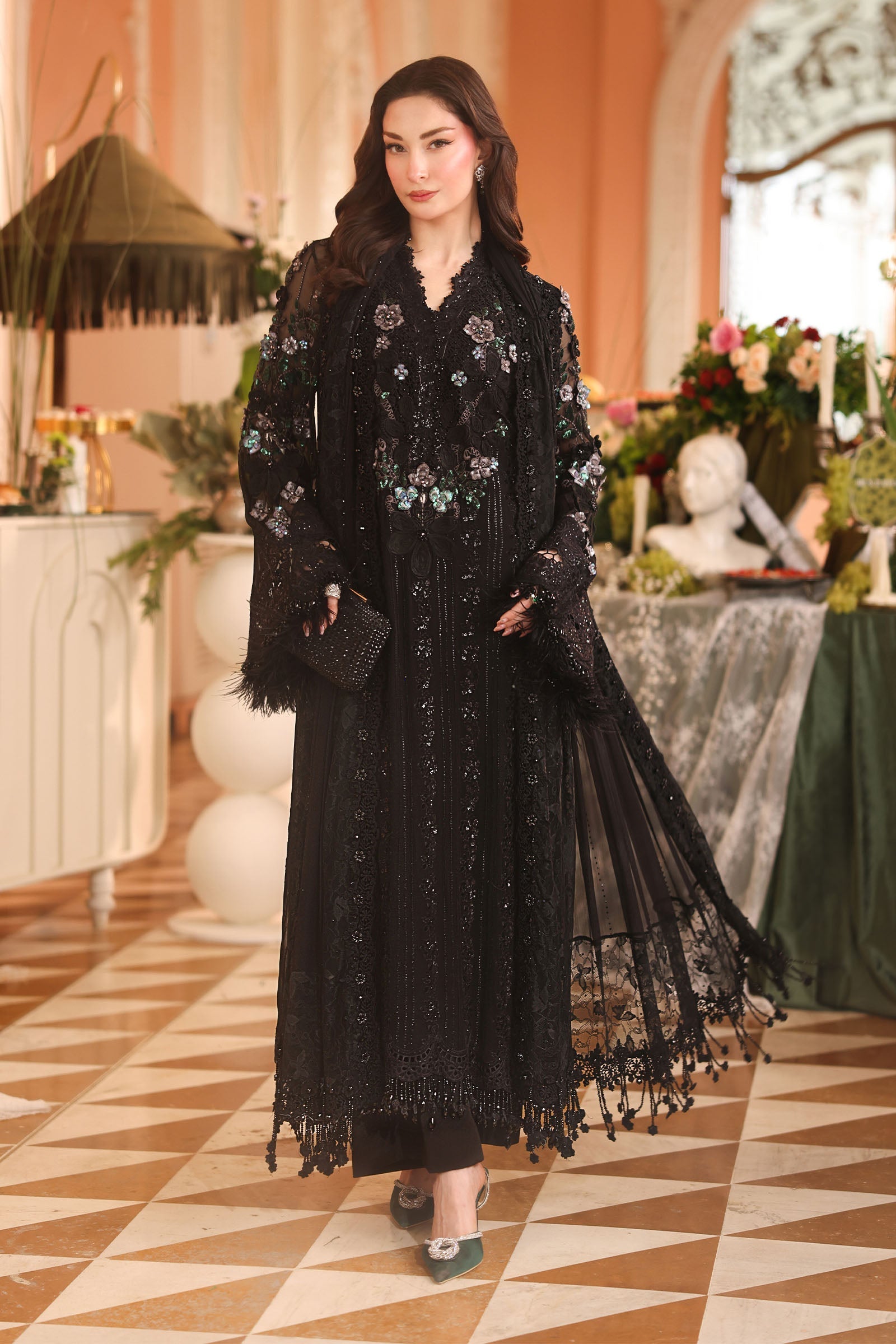 Maria.B 3 Piece Embroidered Chiffon Suit in Black - unstitched front view