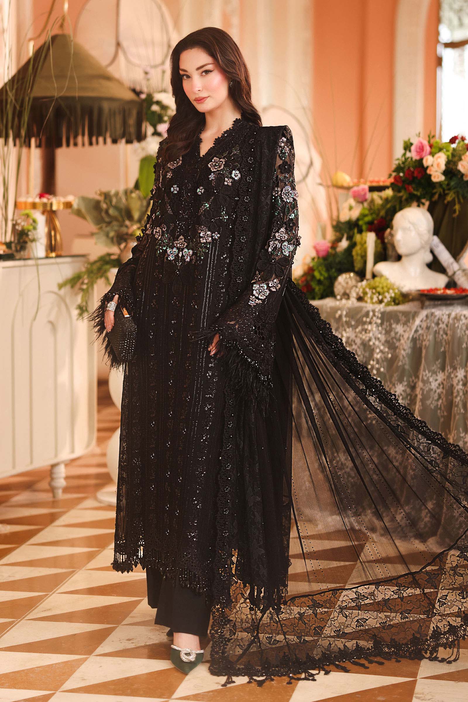Maria.B 3 Piece Embroidered Chiffon Suit in Black - embroidery detail