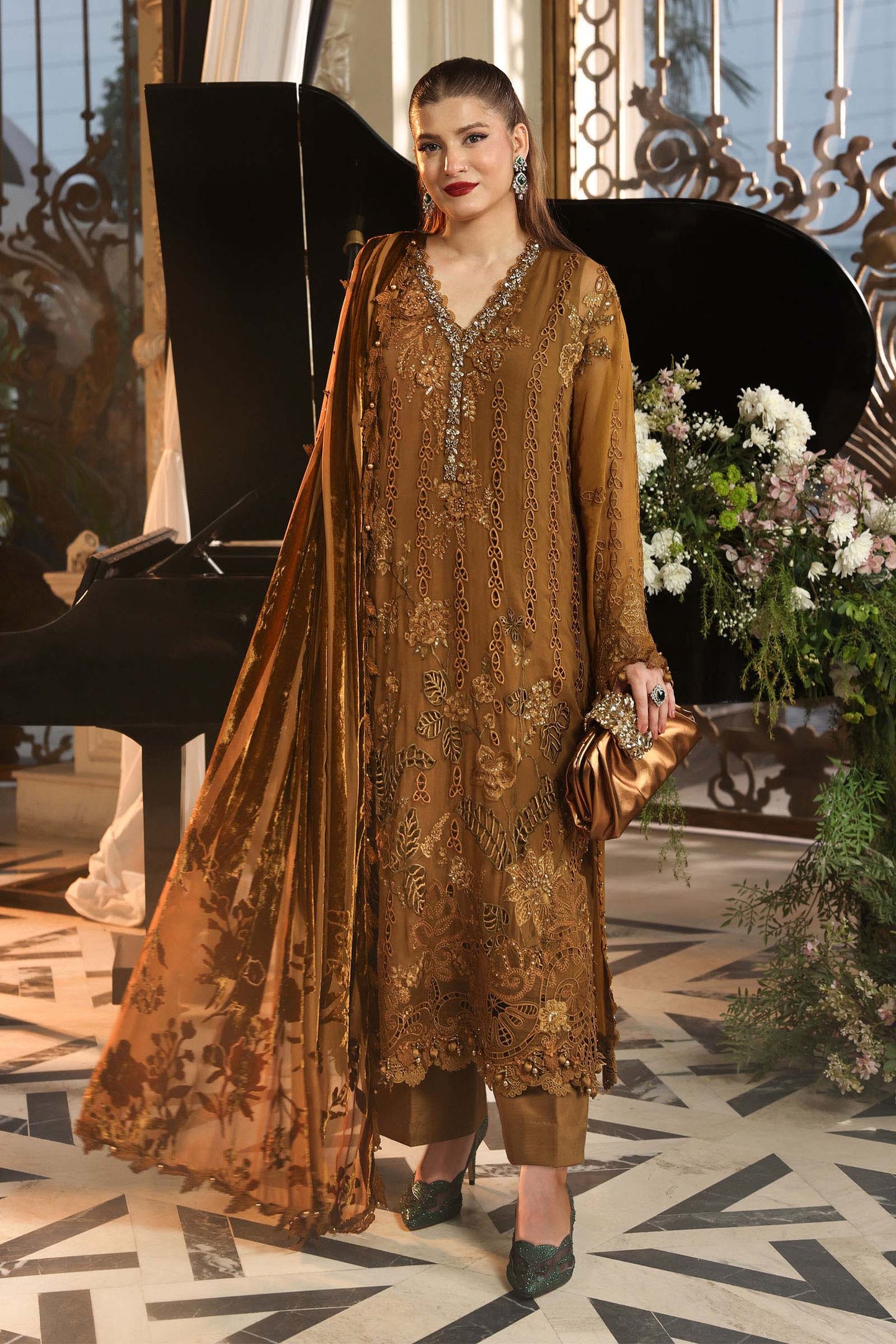 Maria.B 3 Piece Embroidered Chiffon Suit in Mustard - unstitched front view