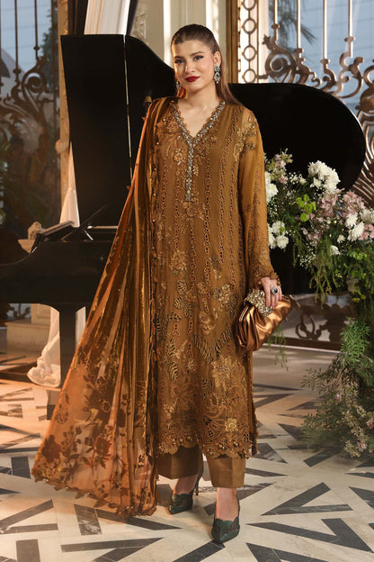 Maria.B 3 Piece Embroidered Chiffon Suit in Mustard - unstitched front view