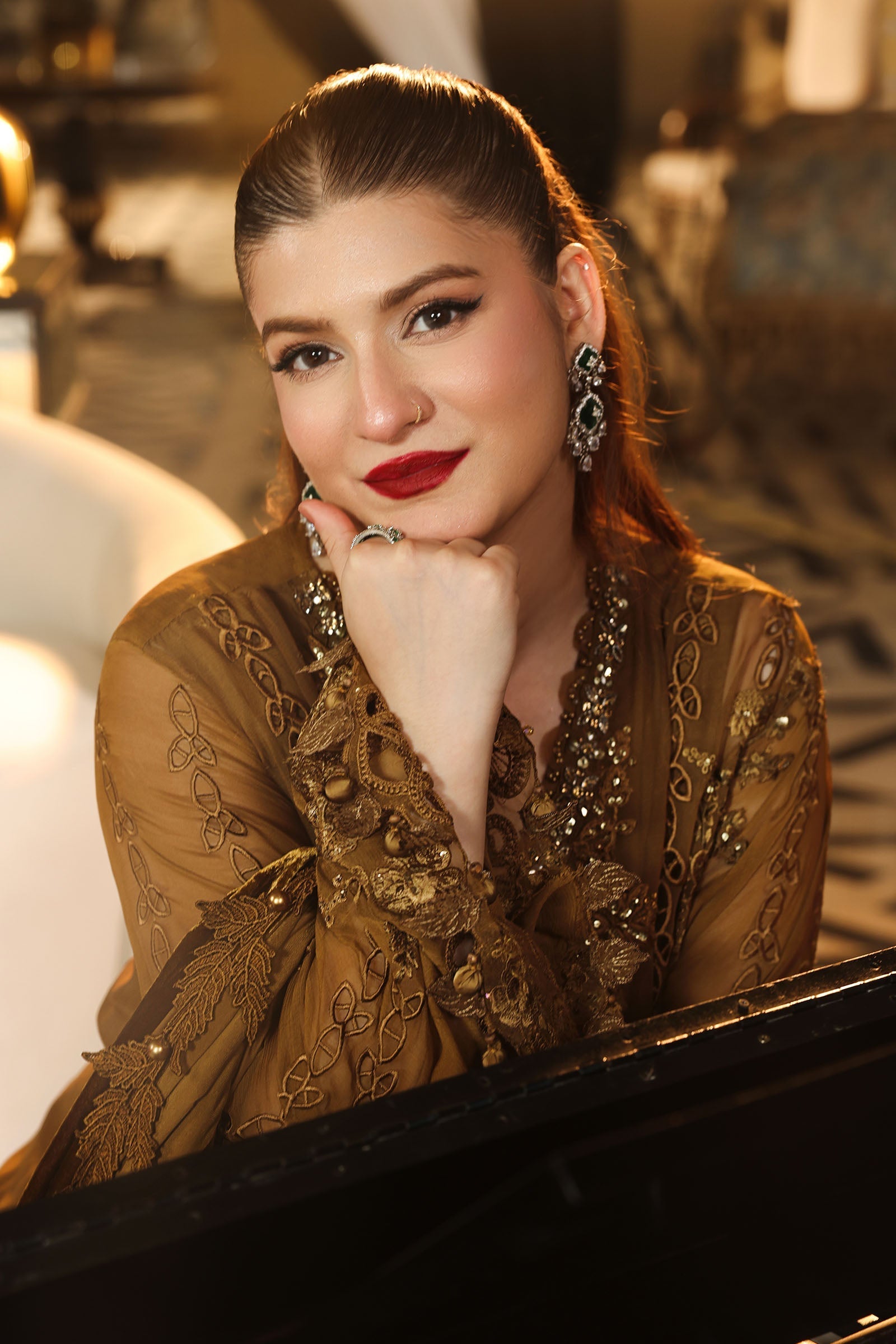 Maria.B 3 Piece Embroidered Chiffon Suit in Mustard - full styled look