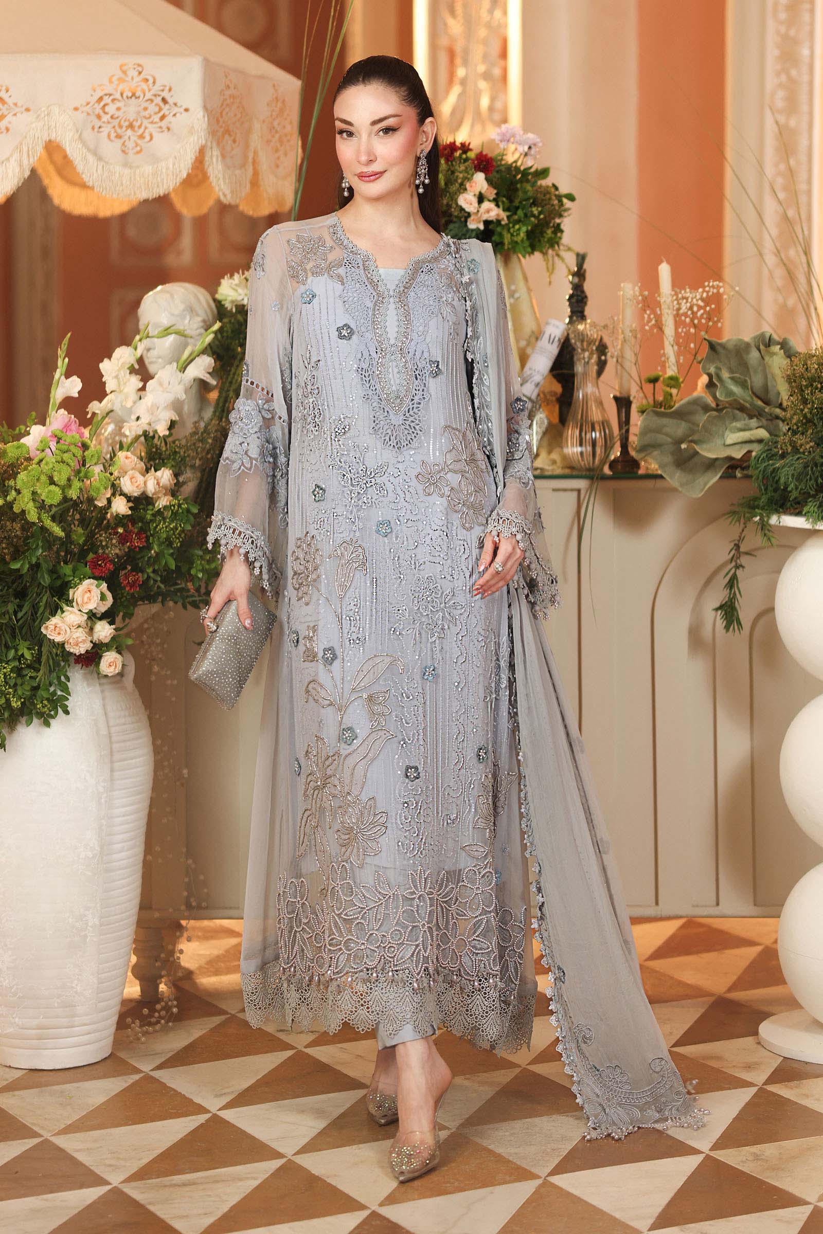 Maria.B 3 Piece Embroidered Chiffon Suit in Ice Blue - unstitched front view