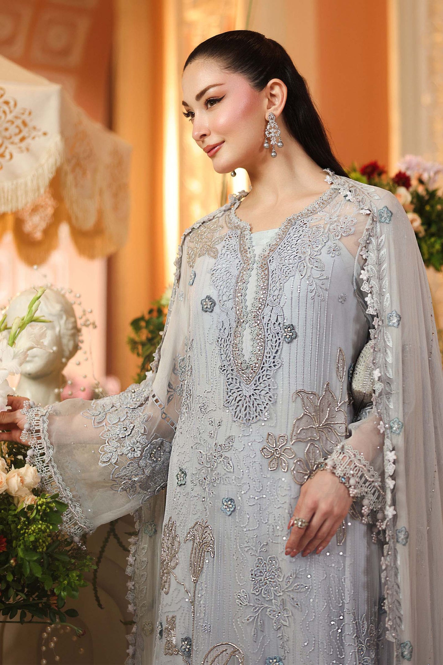 Maria.B 3 Piece Embroidered Chiffon Suit in Ice Blue - dupatta detail