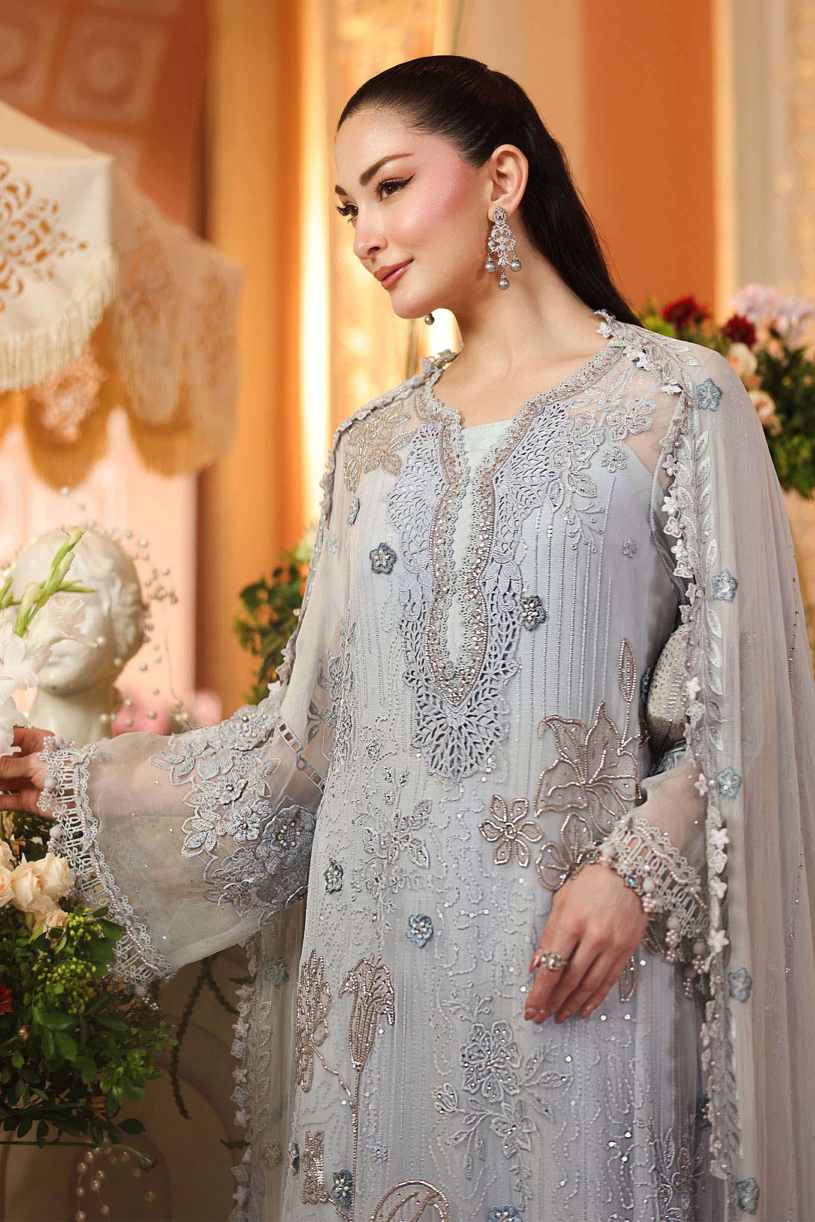 Maria.B 3 Piece Embroidered Chiffon Suit in Ice Blue - dupatta detail