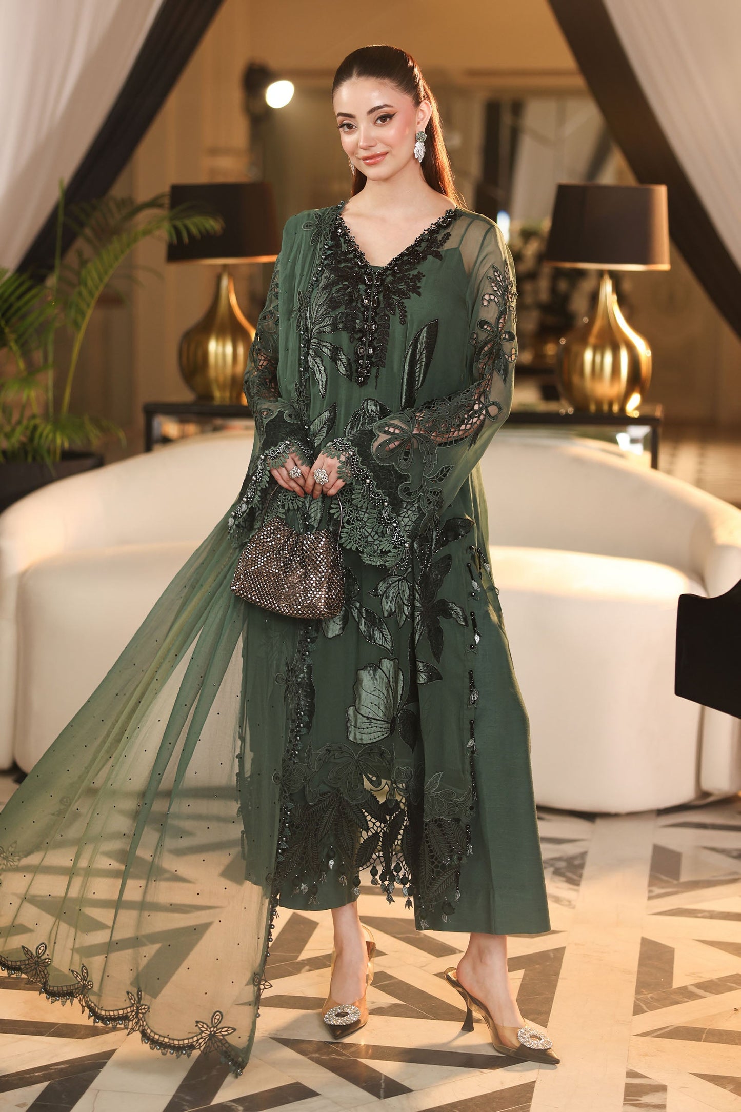 Maria.B 3 Piece Embroidered Chiffon Suit in Green - velvet appliqué detail