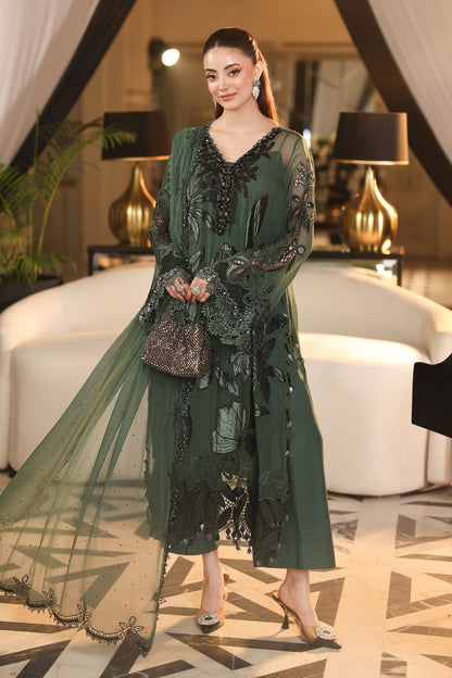 Maria.B 3 Piece Embroidered Chiffon Suit in Green - velvet appliqué detail