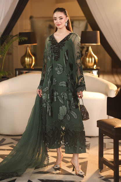Maria.B 3 Piece Embroidered Chiffon Suit in Green - unstitched front view