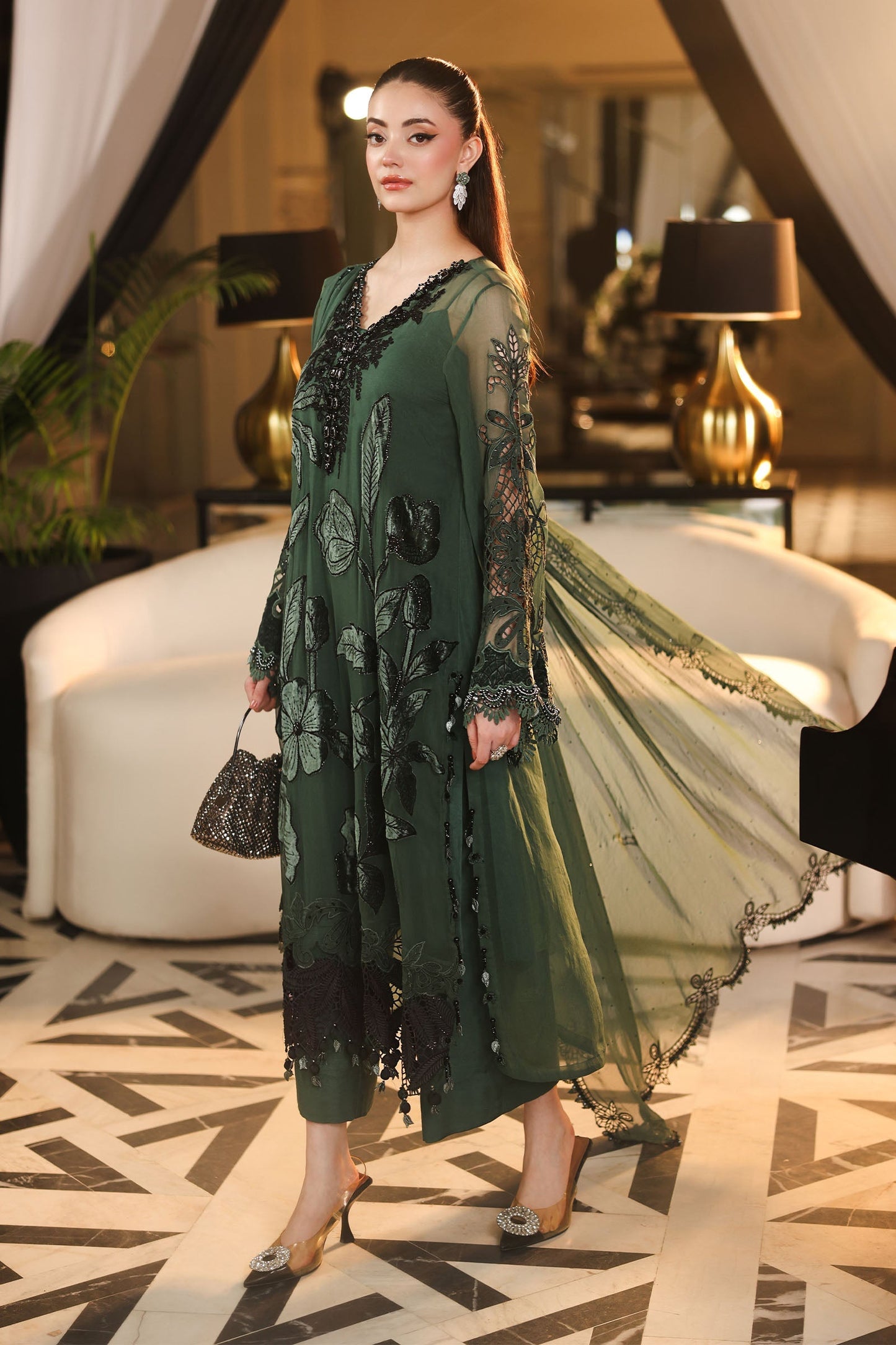 Maria.B 3 Piece Embroidered Chiffon Suit in Green - dupatta detail
