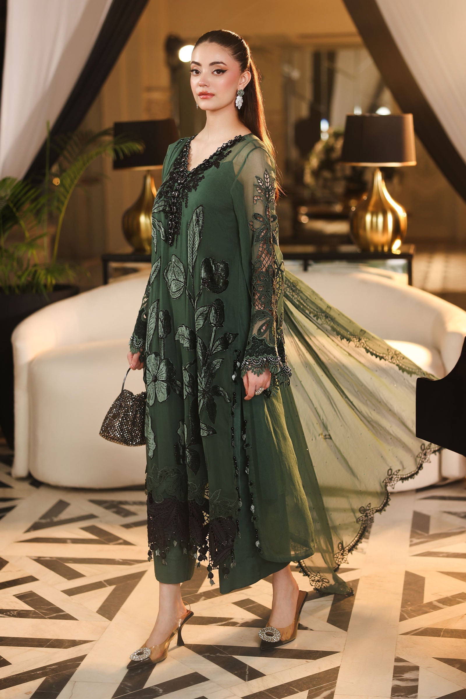 Maria.B 3 Piece Embroidered Chiffon Suit in Green - dupatta detail