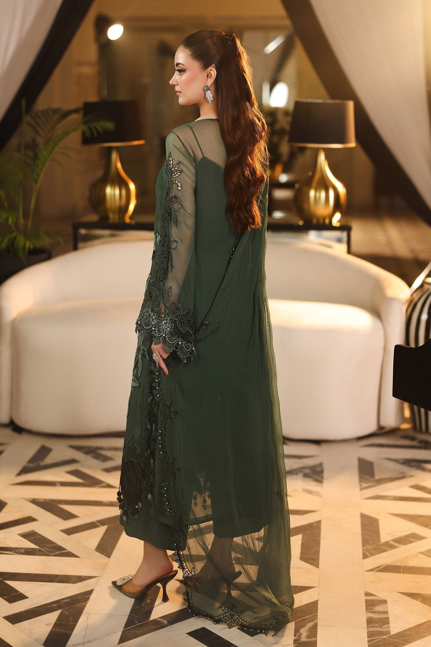 Maria.B 3 Piece Embroidered Chiffon Suit in Green - full styled look