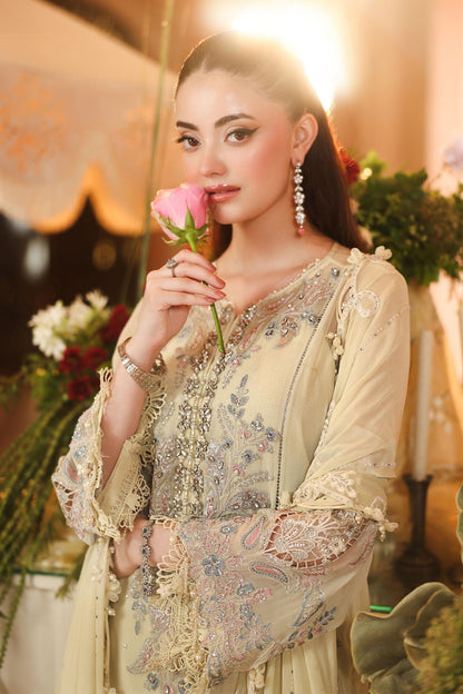 Maria.B 3 Piece Embroidered Chiffon Suit in Lime Yellow - tissue appliqué detail