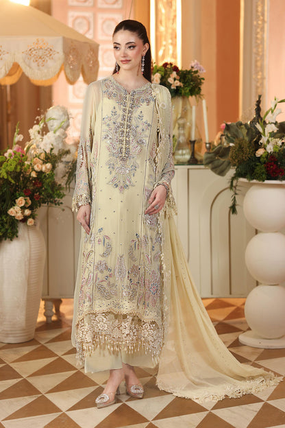 Maria.B 3 Piece Embroidered Chiffon Suit in Lime Yellow - unstitched front view