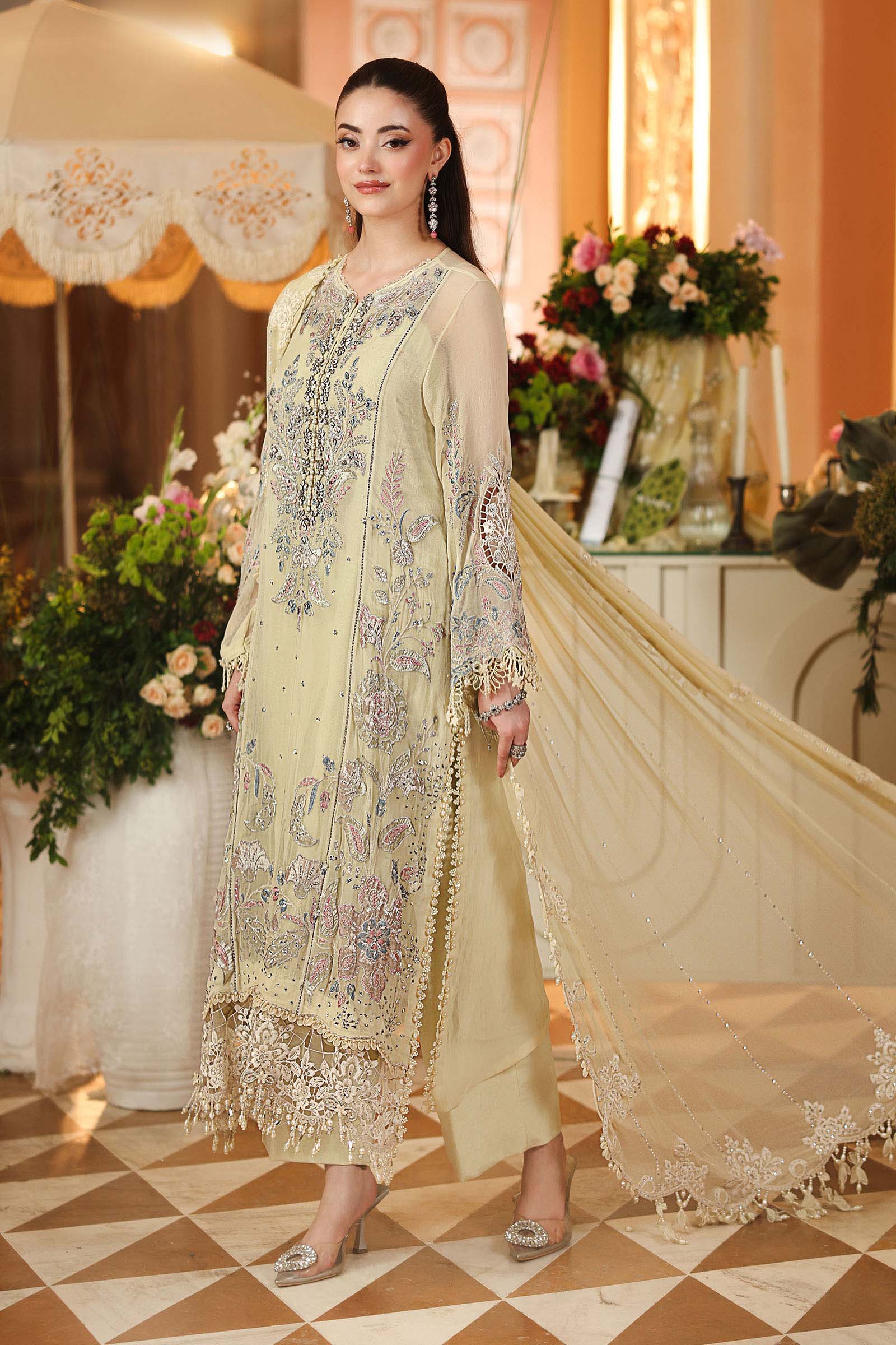 Maria.B 3 Piece Embroidered Chiffon Suit in Lime Yellow - dupatta detail