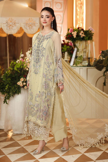 Maria.B 3 Piece Embroidered Chiffon Suit in Lime Yellow - dupatta detail
