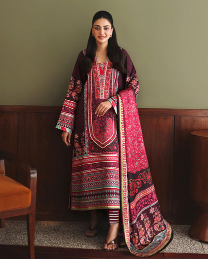Mushq Day Dreamer unstitched printed raw silk suit in Deep Purple - front view