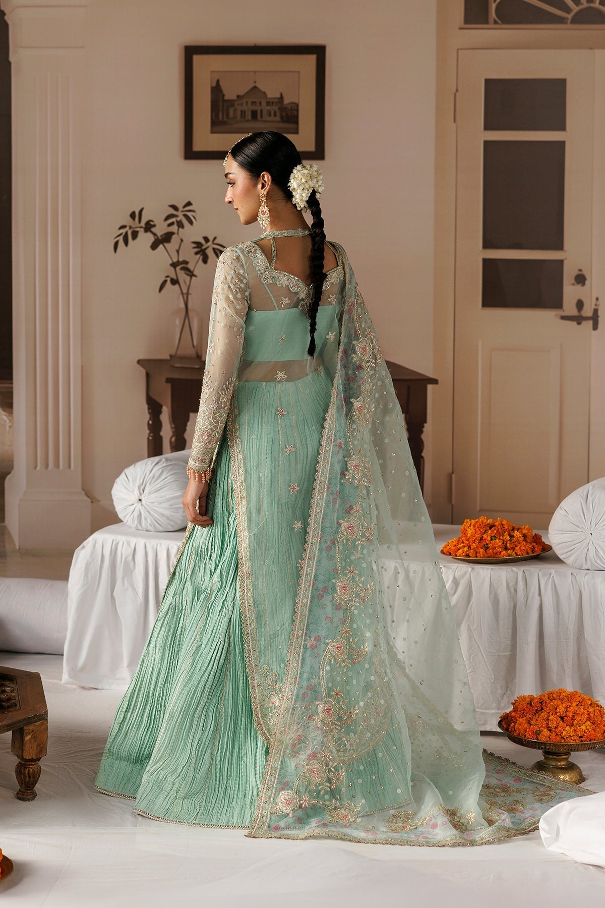 Aqua Organza Pakistani wedding suit dupatta detail - Aangan
