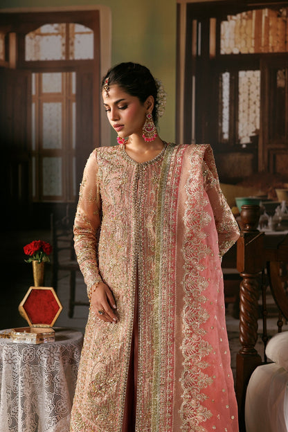 Peach-gold Organza Pakistani bridal suit full styled look - Aangan