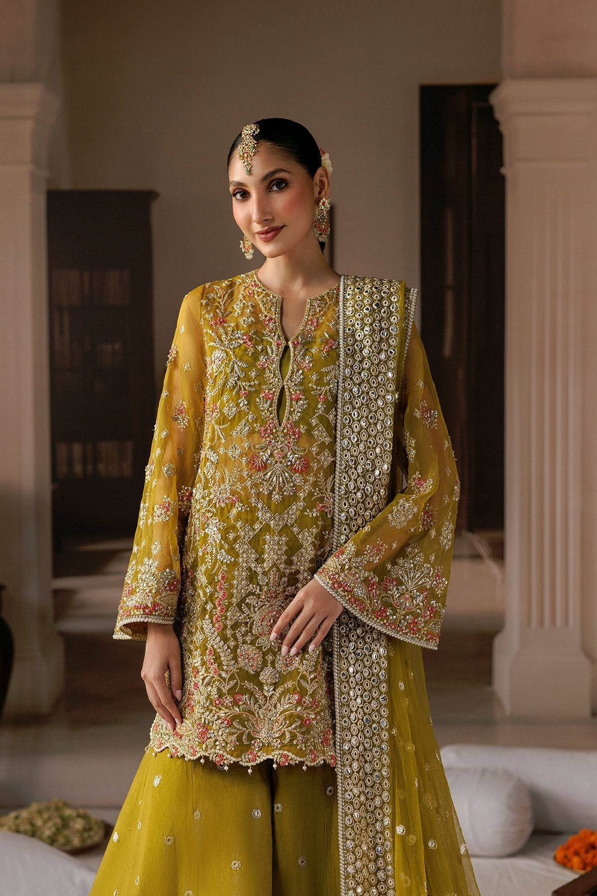 Dark yellow Organza Pakistani wedding suit embroidered panel close-up - Aangan