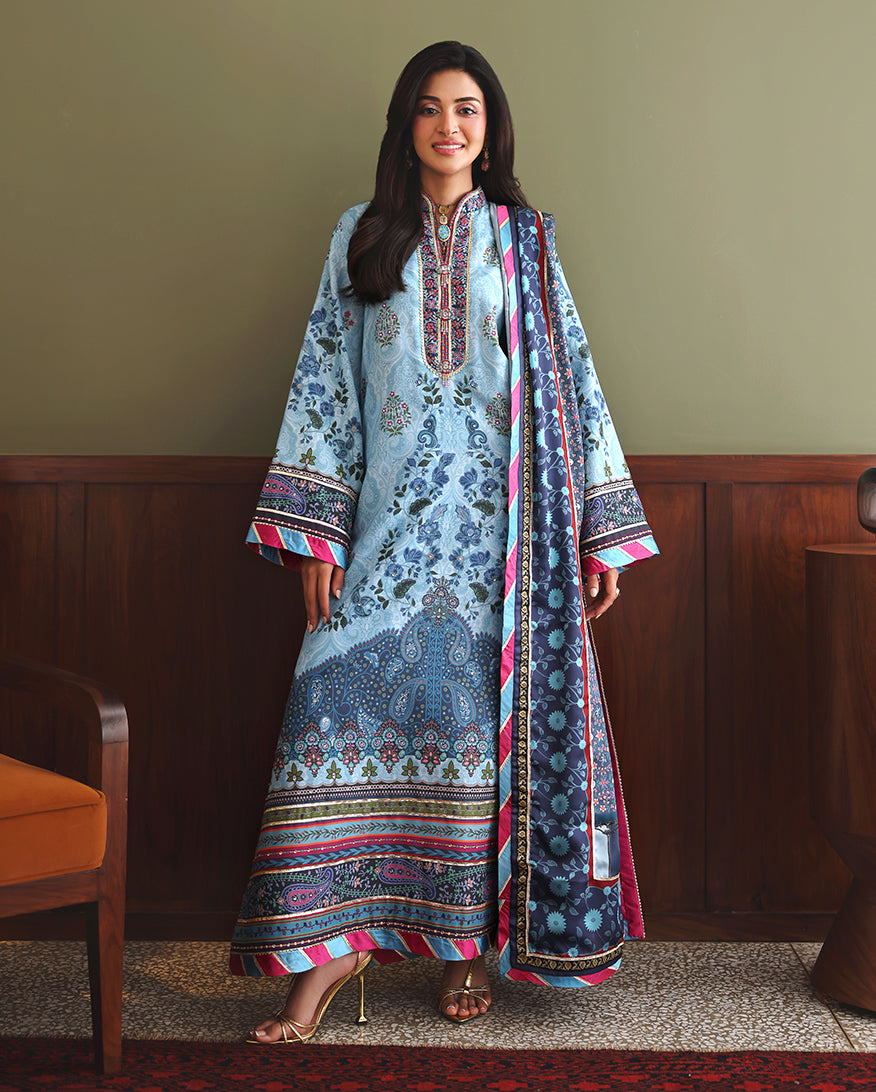 Mushq In my Element unstitched printed raw silk suit in Blue - front view