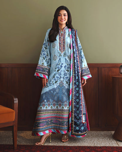 Mushq In my Element unstitched printed raw silk suit in Blue - front view
