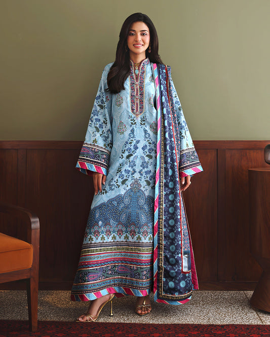 Mushq In my Element unstitched printed raw silk suit in Blue - front view
