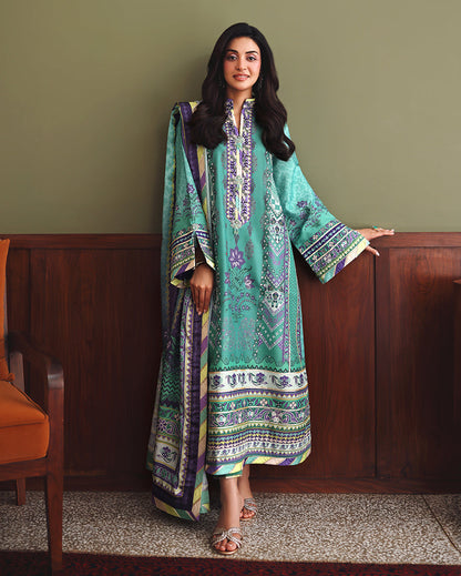 Mushq Main Character unstitched printed raw silk suit in Green - front view