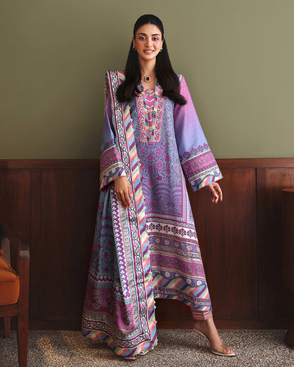 Mushq Naturally Me unstitched printed raw silk suit in Purple - front view
