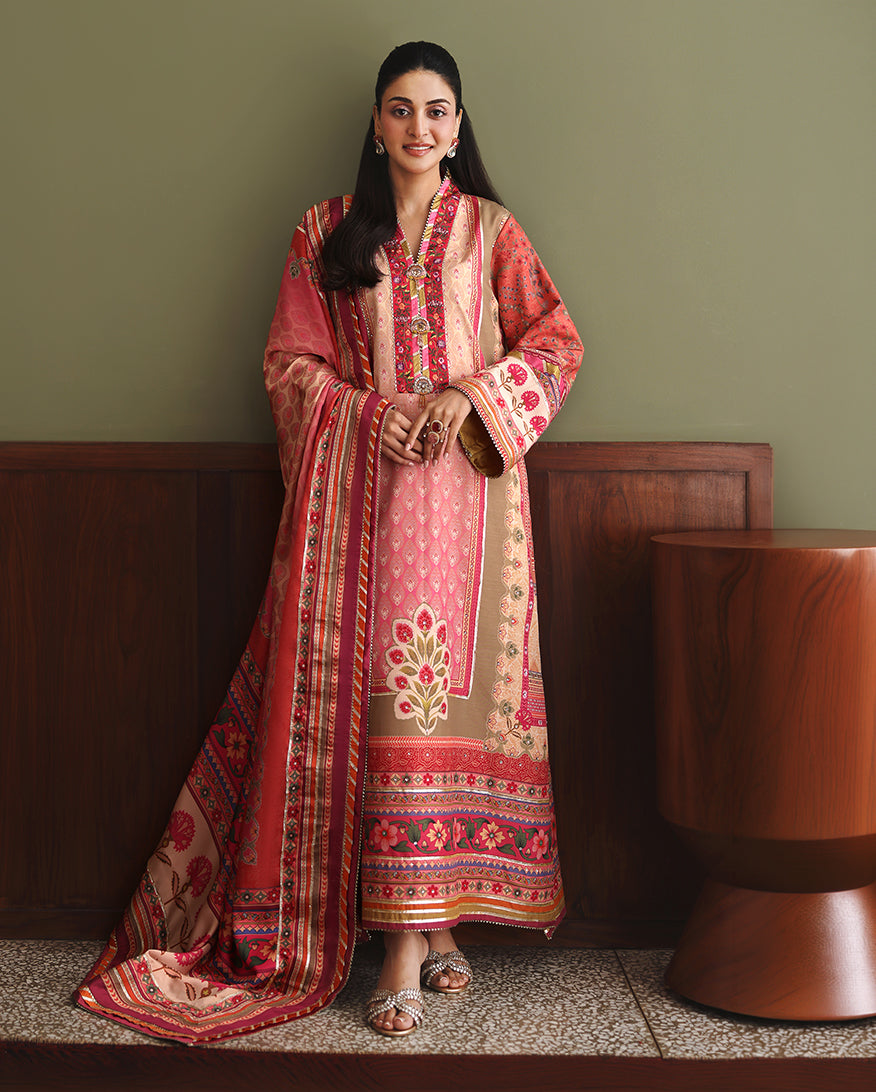Mushq Rose Mood unstitched printed raw silk suit in Peach - front view