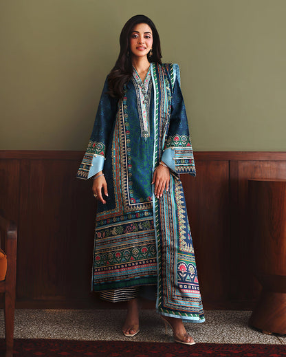 Mushq Scene Stealer unstitched printed raw silk suit in Blue - front view