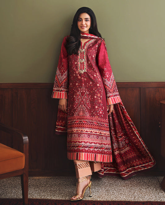 Mushq Soft Spotlight unstitched printed raw silk suit in Red - front view